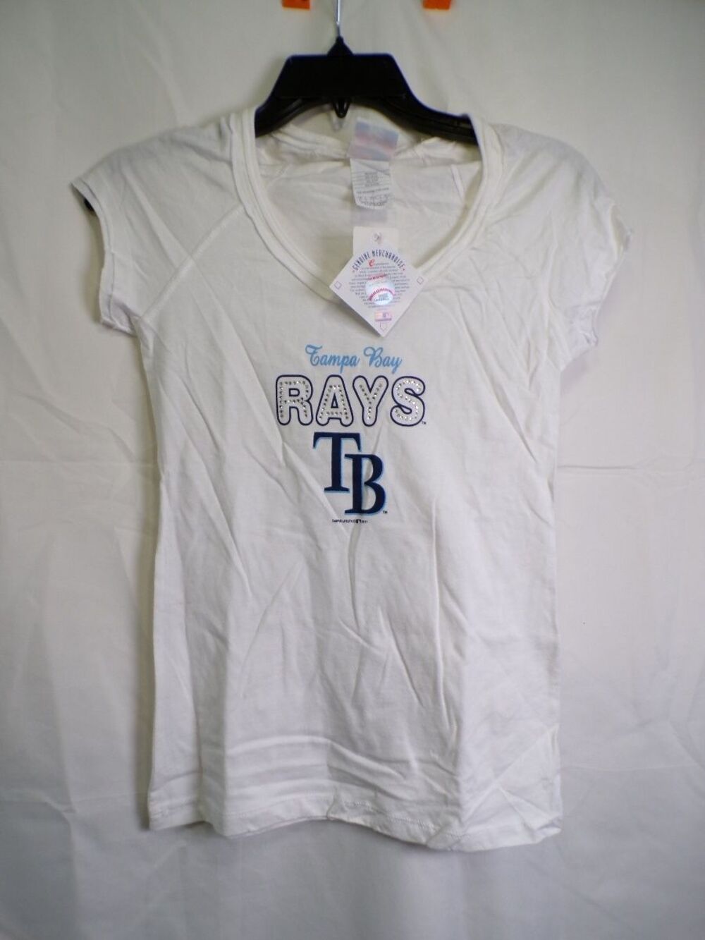 Women's Tampa Bay Rays White V Neck Rhinestone T-Shirt Size S